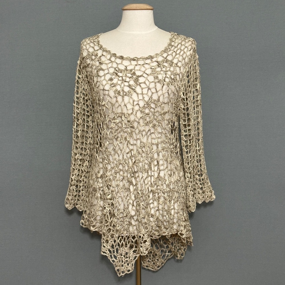 Boho Festival Women Crochet Sweater M Beige Open Asymmetrical Tunic Shabby Beach